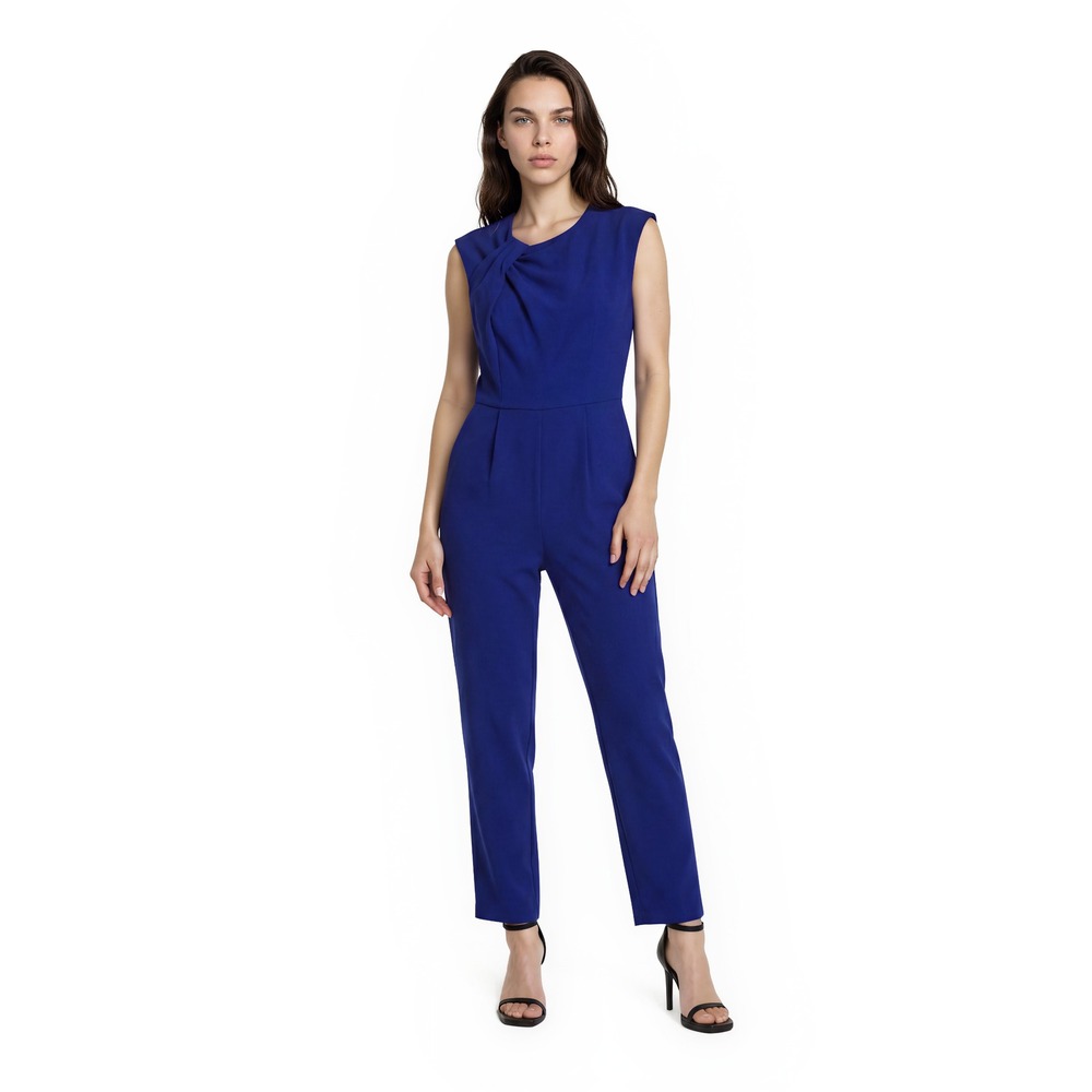 NEW Calvin Klein Jumpsuit Womens Size 4 Royal Blue Pleated Bow Shoulder Straight